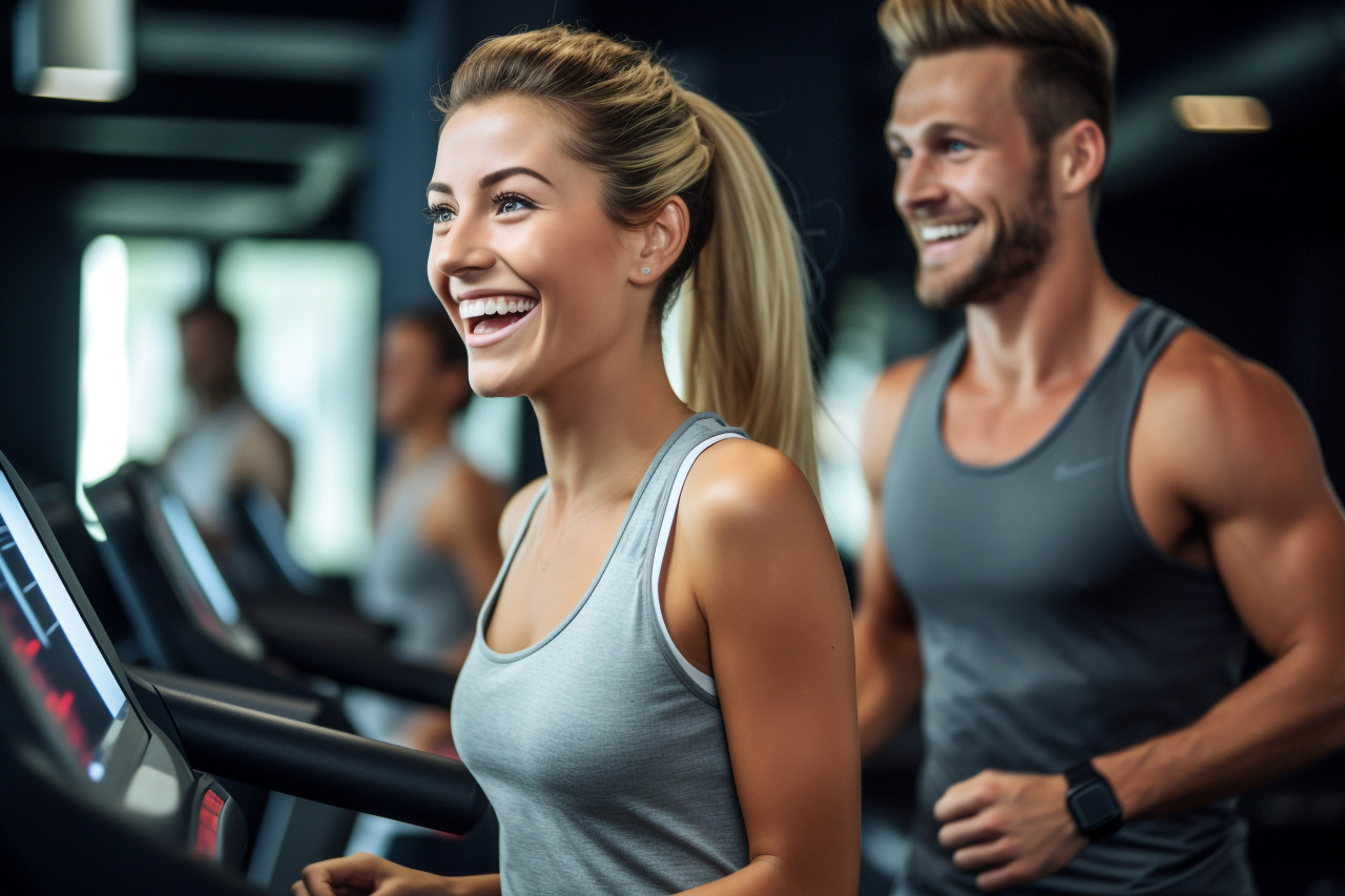 A picture of good looking people running on a treadmill, indoor sports and leisure activities images