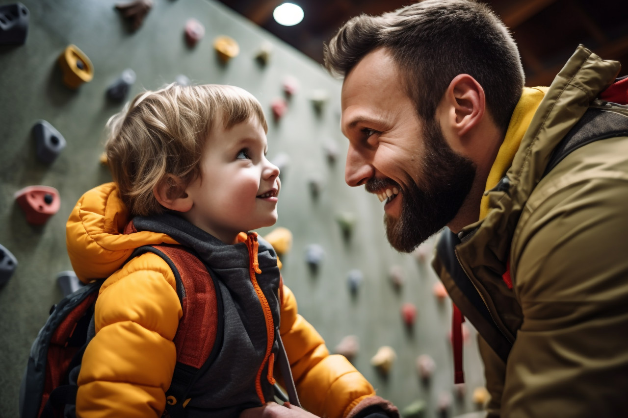 Picture of a dad getting his young son ready to climb, indoor sports and leisure activities images