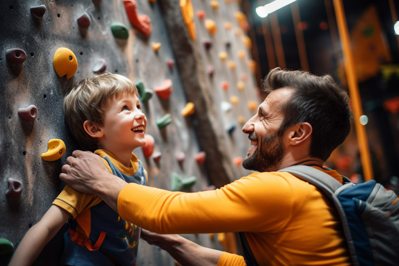 Picture of a dad getting his young son ready to climb, indoor sports and leisure activities images