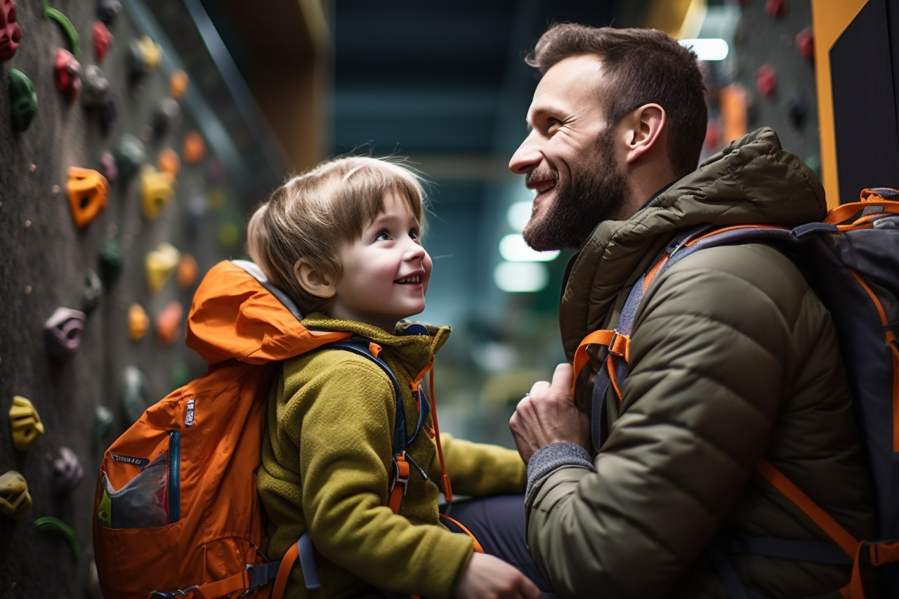 Picture of a dad getting his young son ready to climb, indoor sports and leisure activities images
