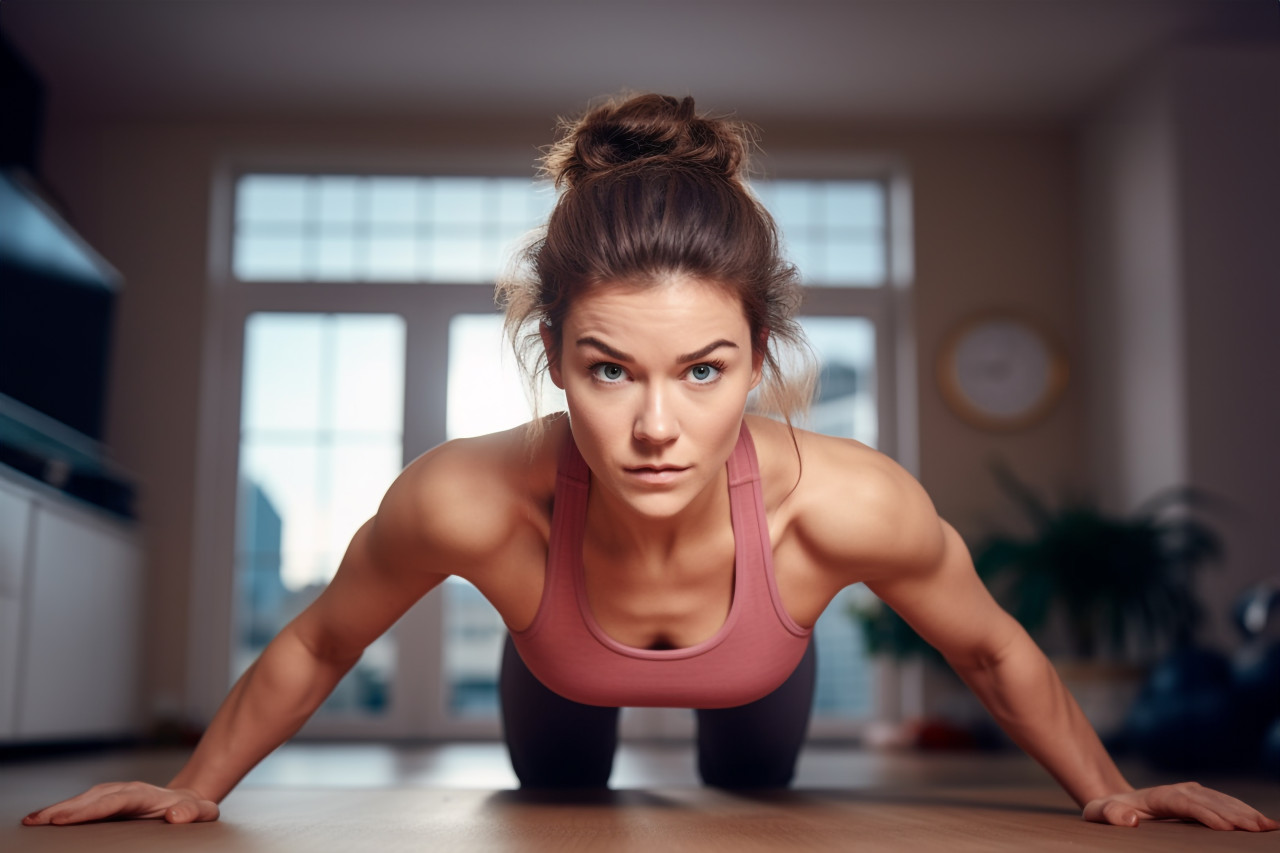 Picture of a young athletic woman in workout clothes doing push-ups or plank pose on a yoga mat at home, indoor sports and leisure activities images