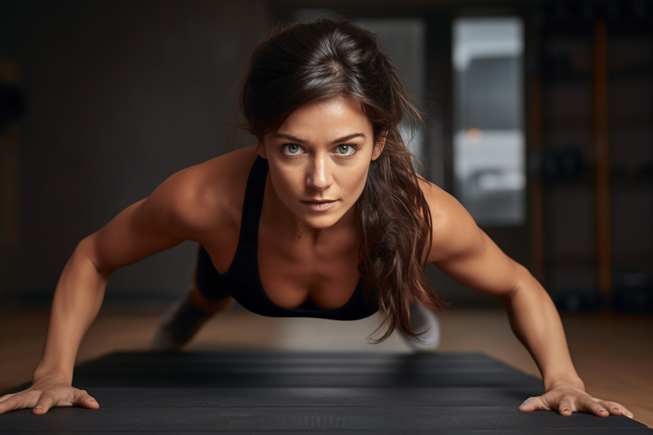 Picture of a young athletic woman in workout clothes doing push-ups or plank pose on a yoga mat at home, indoor sports and leisure activities images