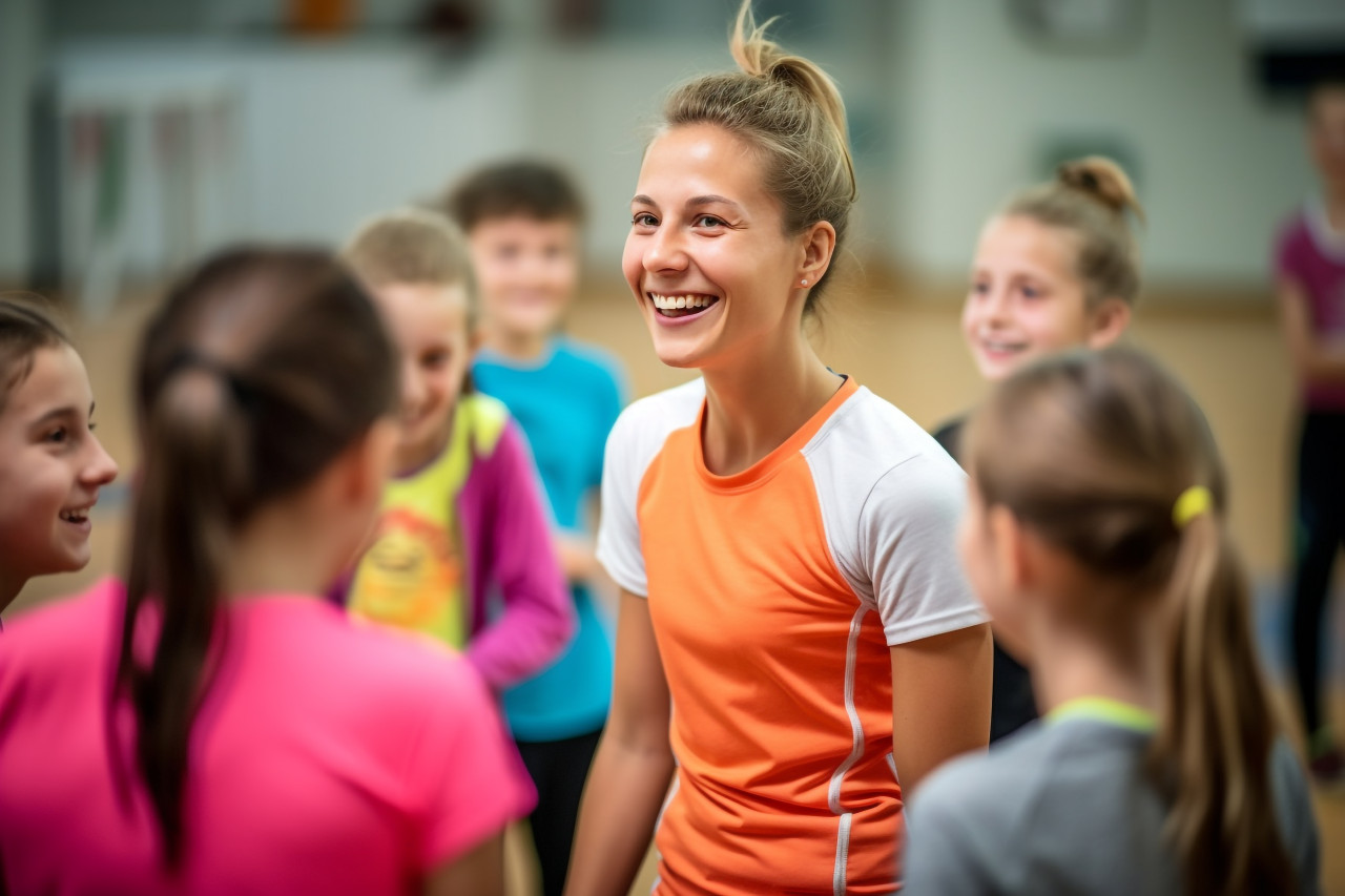 A picture of a happy gym teacher talking to her students during class in the elementary school gym, indoor sports and leisure activities images