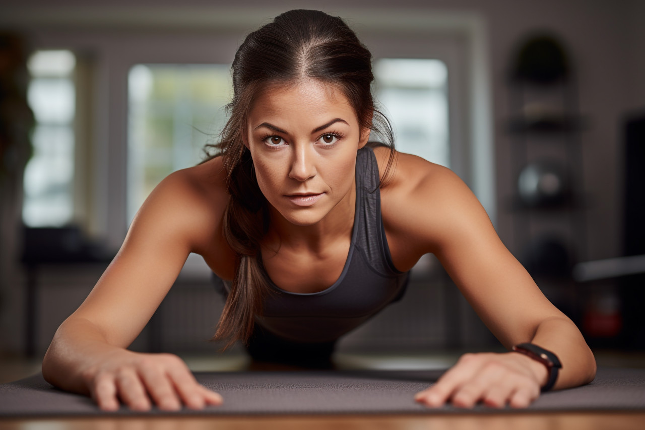 Picture of a young athletic woman in workout clothes doing push-ups or plank pose on a yoga mat at home, indoor sports and leisure activities images