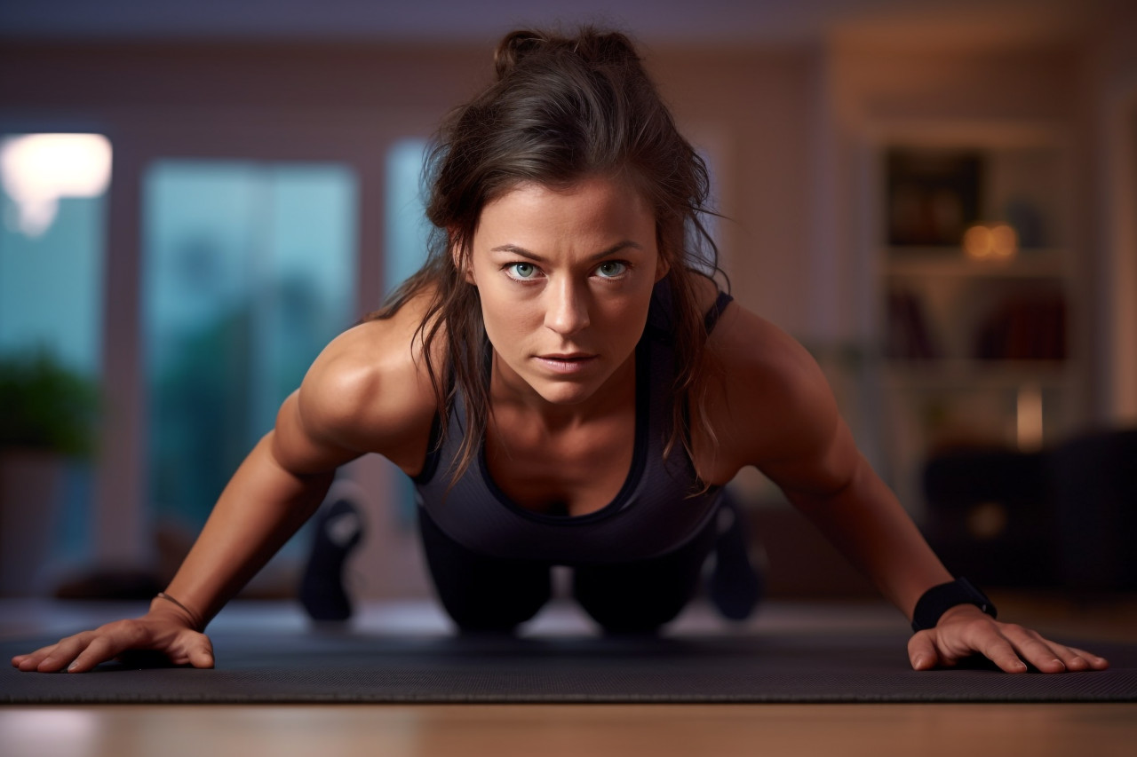 Picture of a young athletic woman in workout clothes doing push-ups or plank pose on a yoga mat at home, indoor sports and leisure activities images