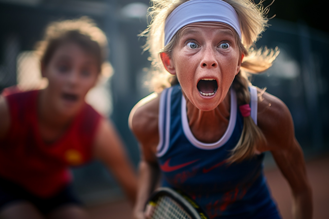 A photo of a happy young girl playing pickleball with her old female partner in a friendly two on two match on a small, indoor sports and leisure activities images