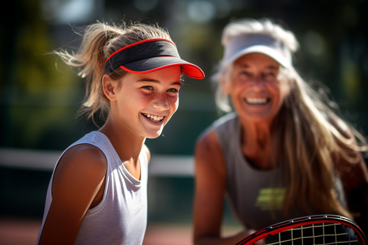 A photo of a happy young girl playing pickleball with her old female partner in a friendly two on two match on a small, indoor sports and leisure activities images