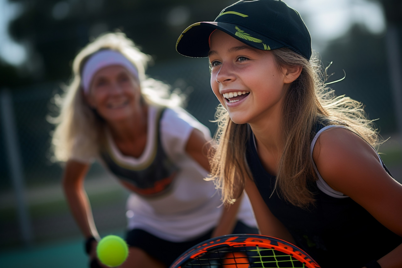 A photo of a happy young girl playing pickleball with her old female partner in a friendly two on two match on a small, indoor sports and leisure activities images