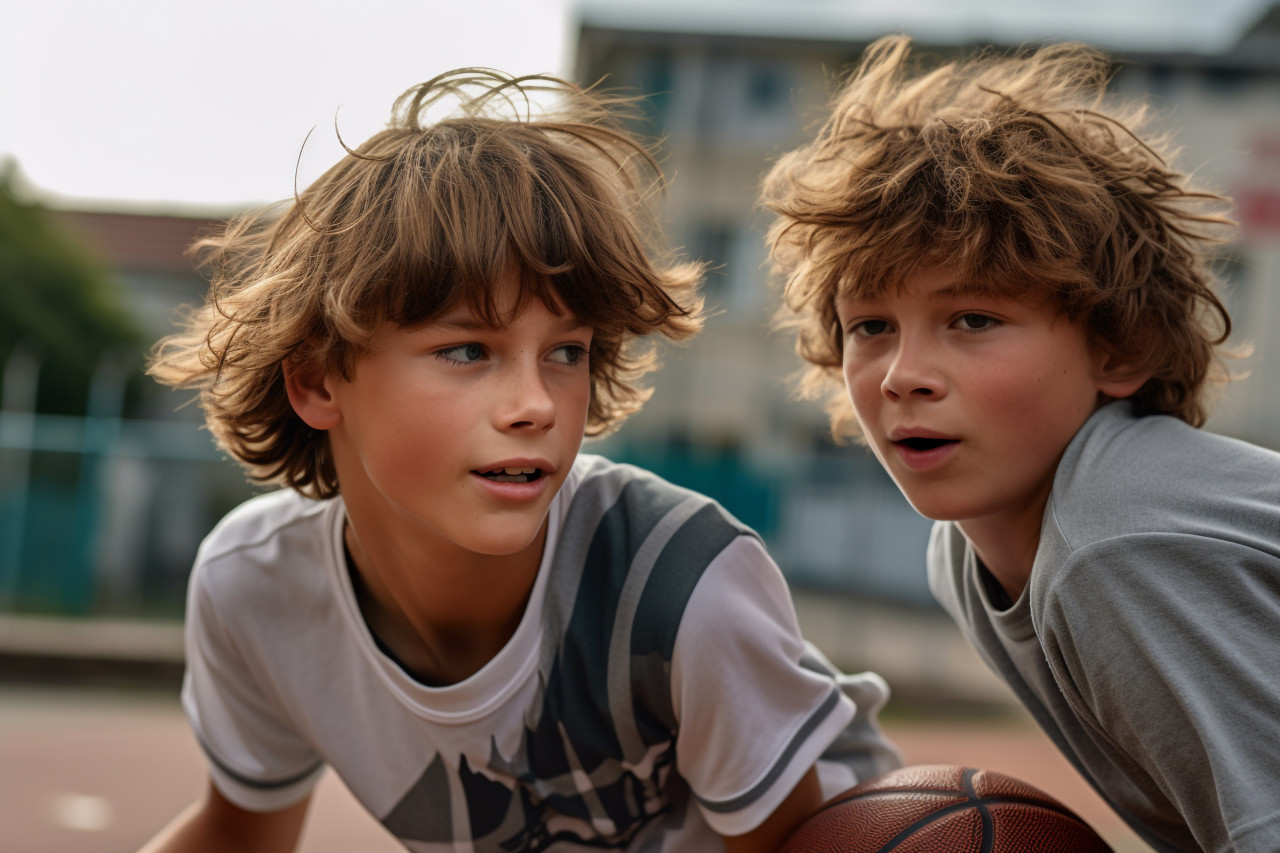 A picture of two boys playing basketball on the court, indoor sports and leisure activities images