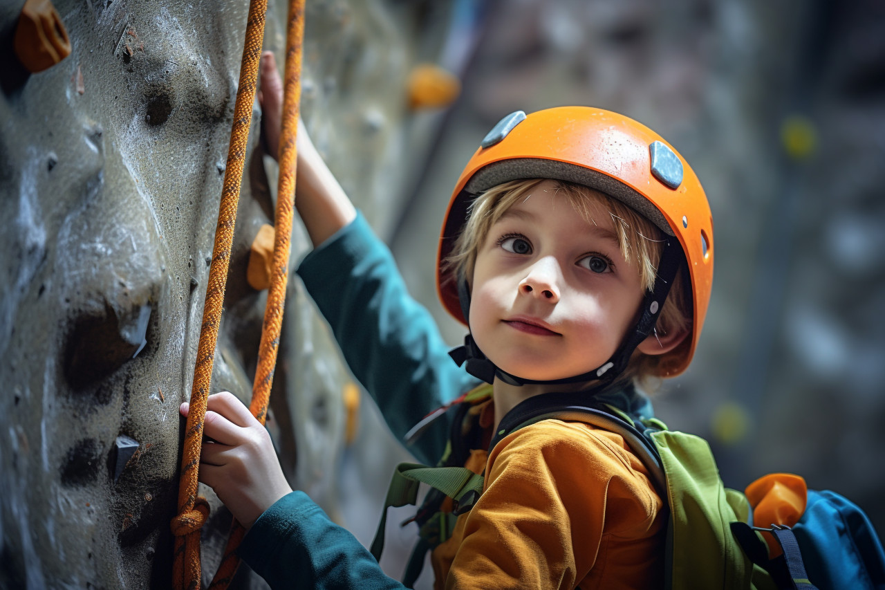A picture of a young boy climbing a rock wall inside, indoor sports and leisure activities images