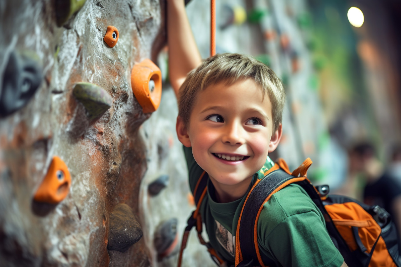 A picture of a young boy climbing a rock wall inside, indoor sports and leisure activities images