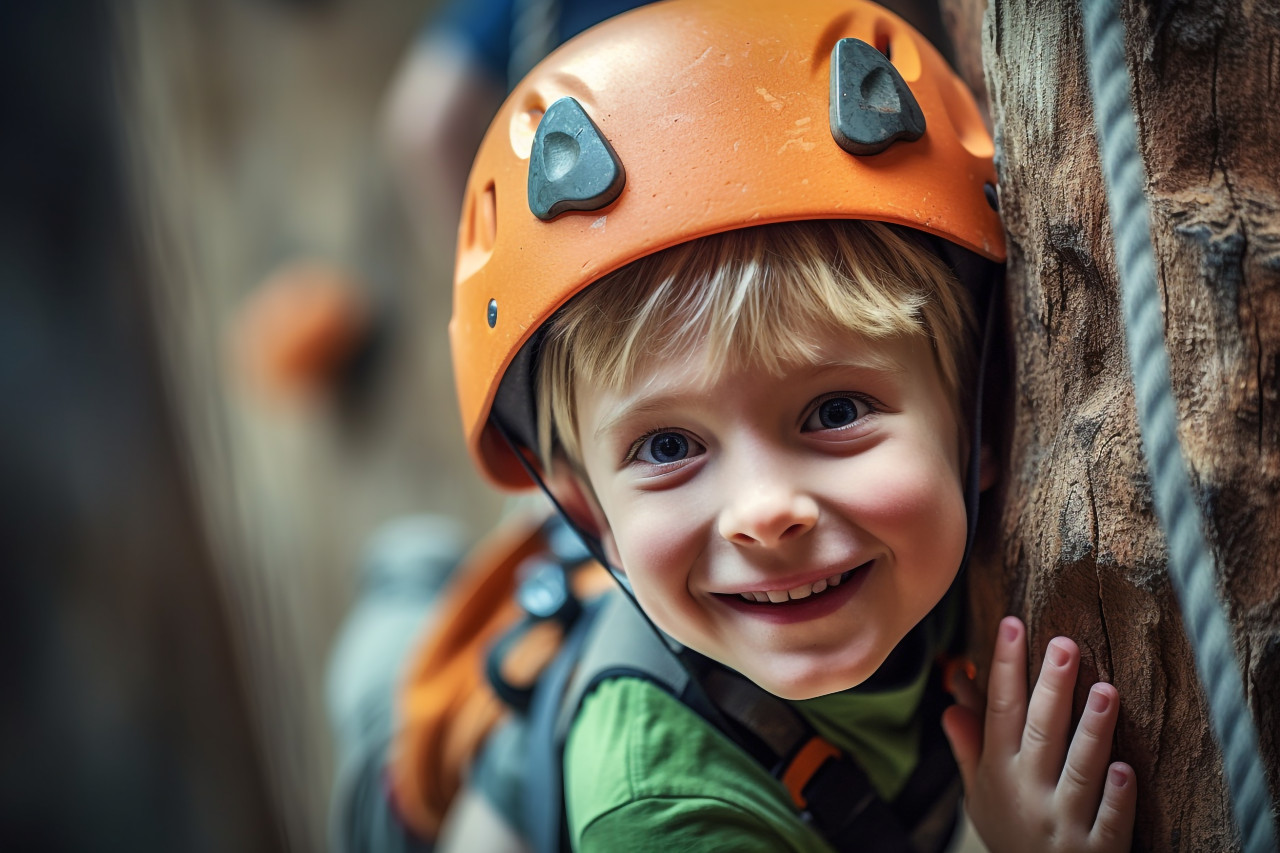 A picture of a young boy climbing a rock wall inside, indoor sports and leisure activities images