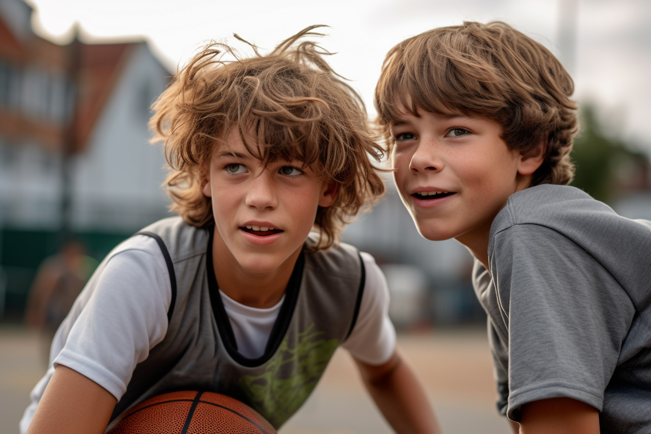 A picture of two boys playing basketball on the court, indoor sports and leisure activities images