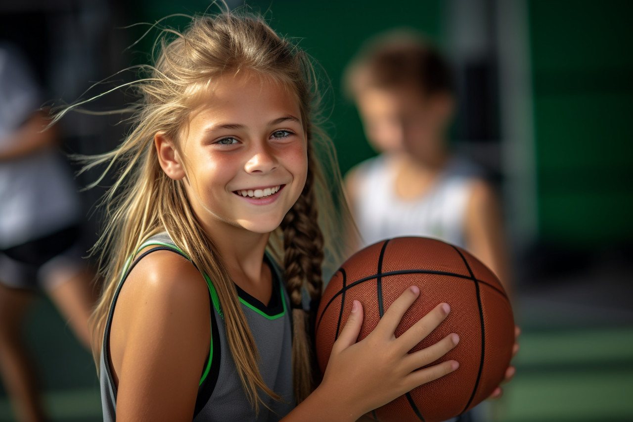 Picture of a happy girl basketball player with the ball she uses in games, indoor sports and leisure activities images