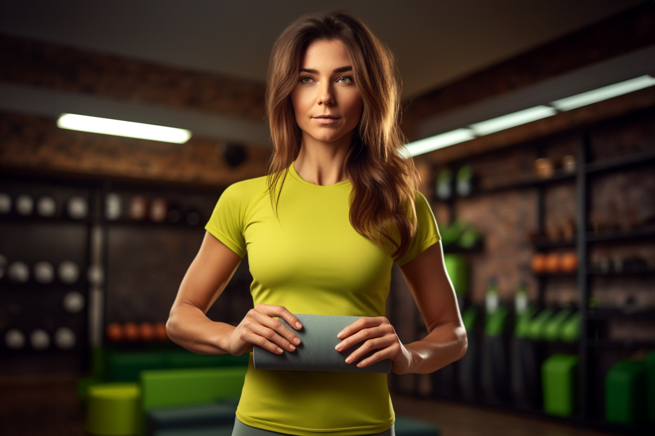 A photo of a young, sporty woman in a green tracksuit holding a yoga mat, drinking water, and exercising at home, indoor sports and leisure activities images