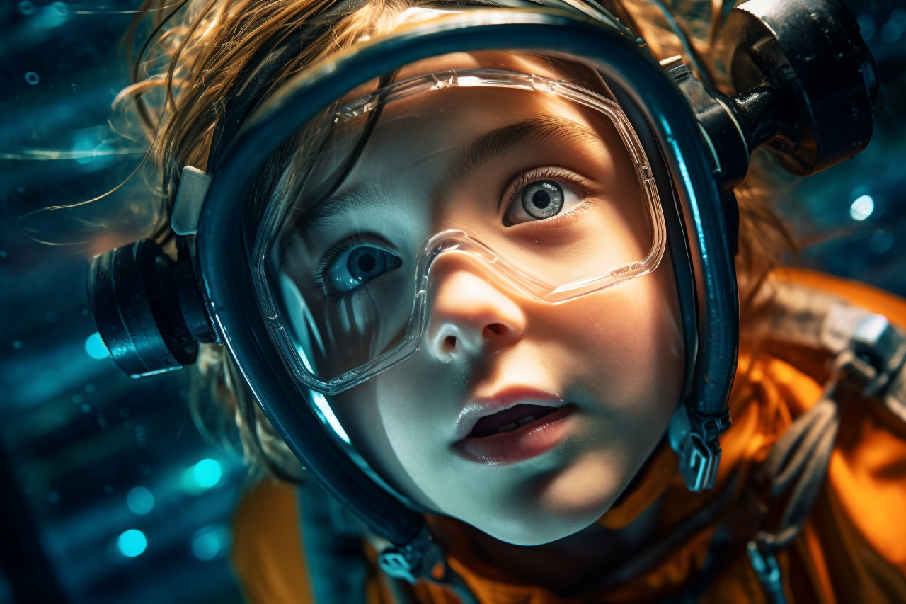 A picture of a girl who is learning to swim underwater in a swimming pool, indoor sports and leisure activities images