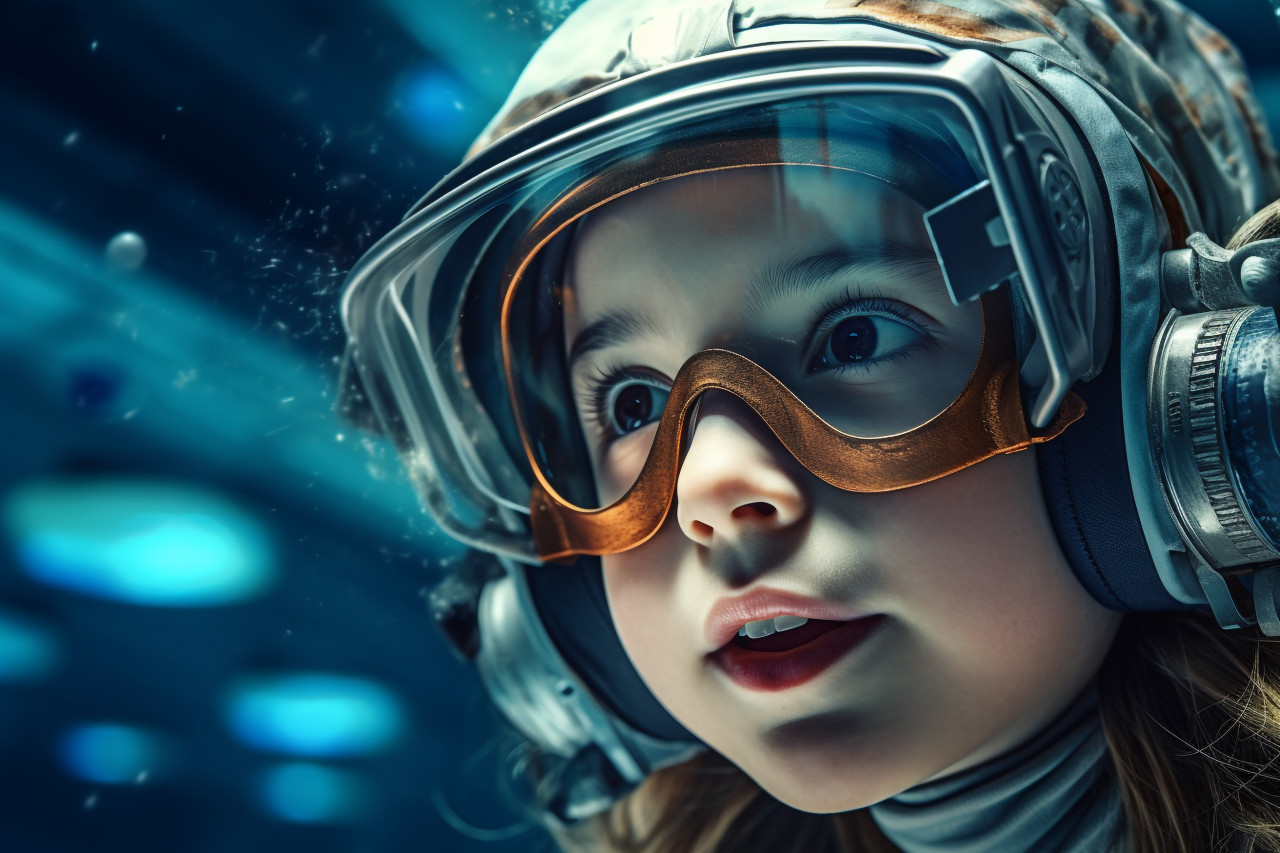 A picture of a girl who is learning to swim underwater in a swimming pool, indoor sports and leisure activities images