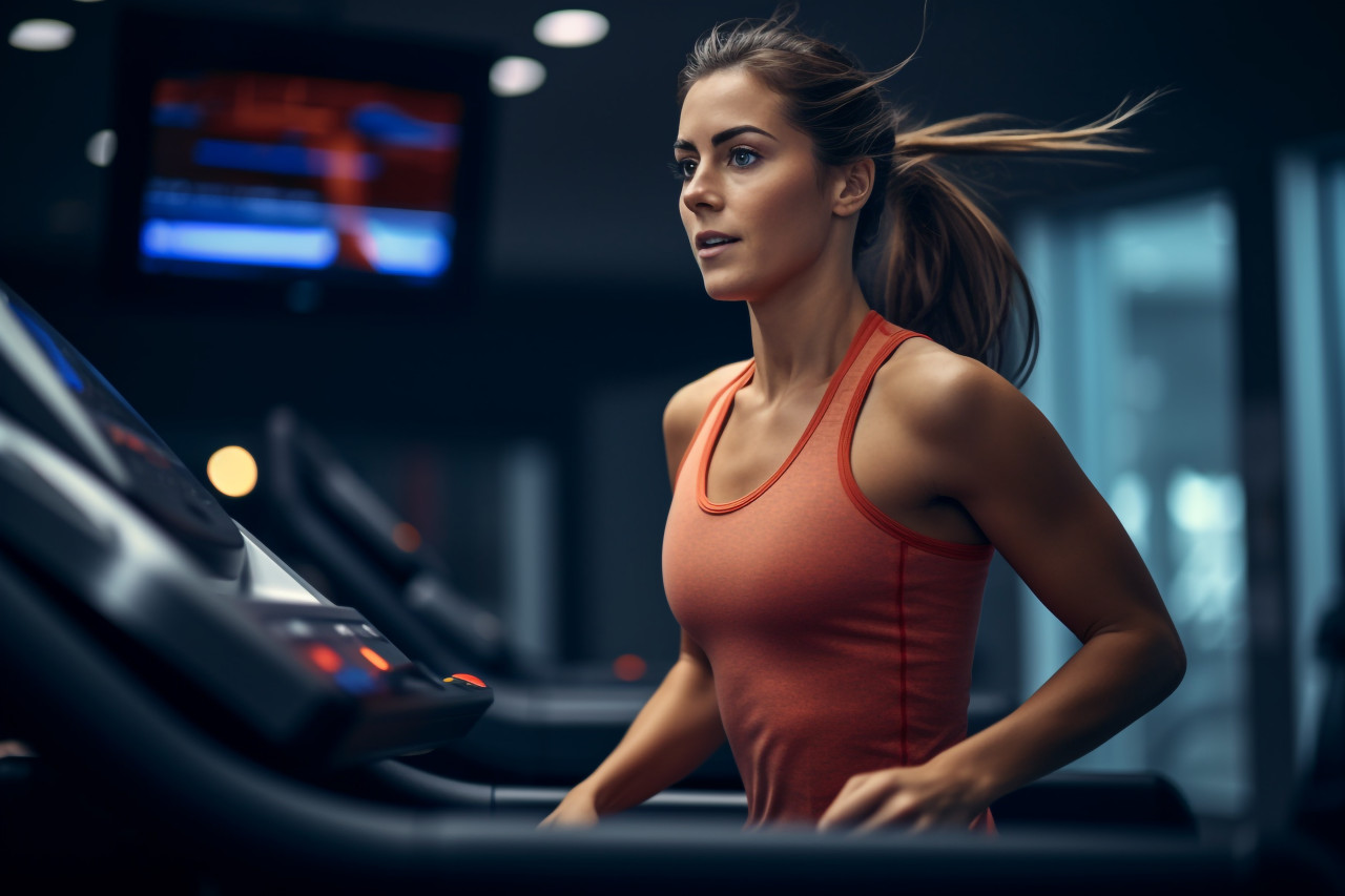 A picture of a girl running on the treadmill at her gym, indoor sports and leisure activities images