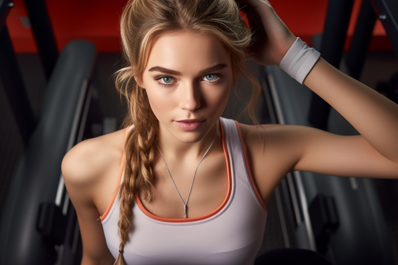 A photo of a young, beautiful girl in stylish workout clothes exercising on a mat at a loft gym, indoor sports and leisure activities images