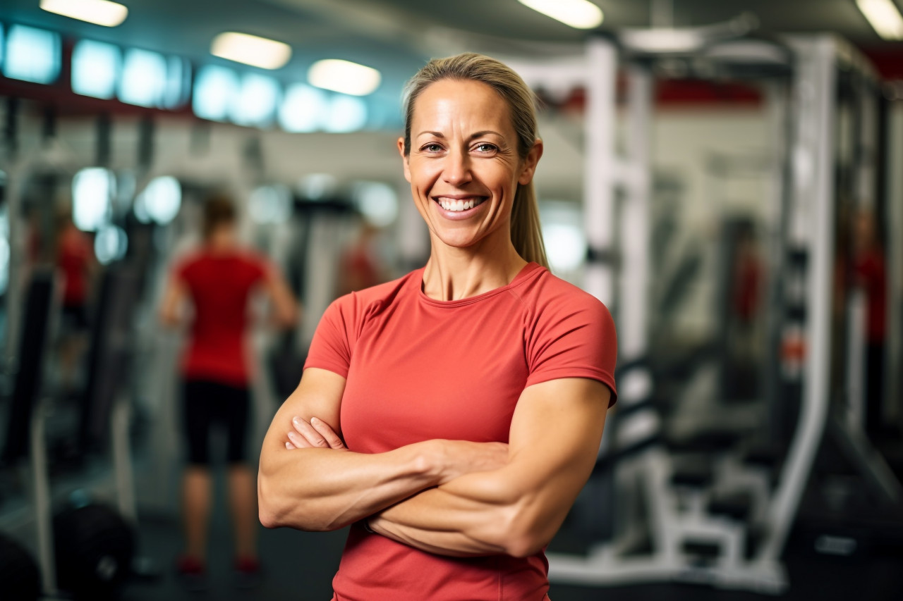 Picture of a smiling coach with her arms folded, standing in the gym and looking at the camera, indoor sports and leisure activities images