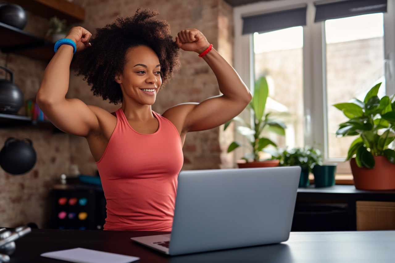 A picture of a black woman exercising at home while watching a fitness video on her laptop, indoor sports and leisure activities images