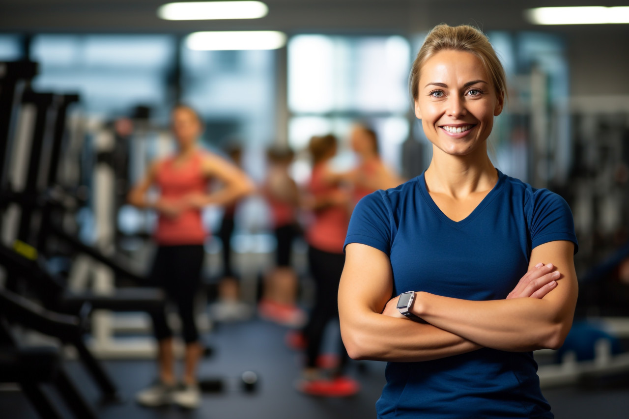 Picture of a smiling coach with her arms folded, standing in the gym and looking at the camera, indoor sports and leisure activities images