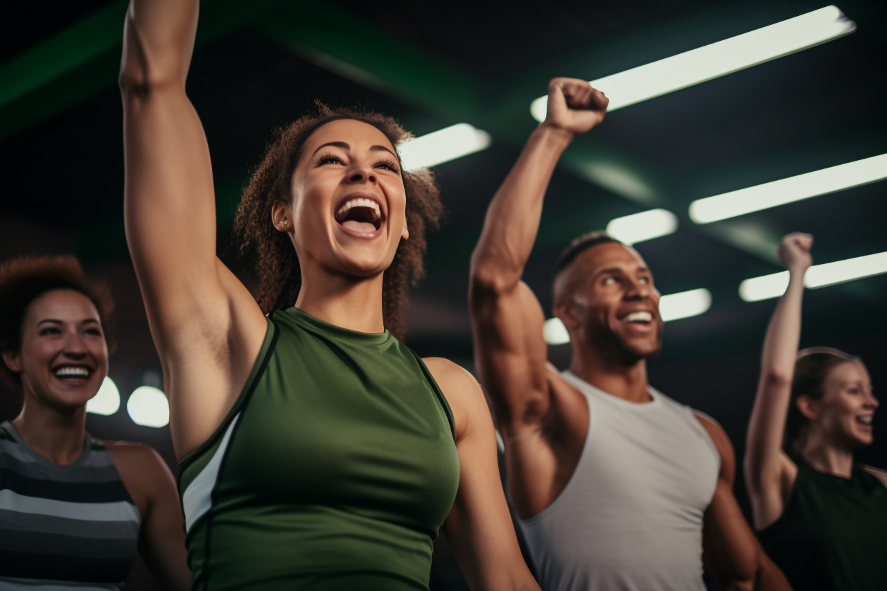 A photo of male and female athletes cheering together on a sports court, taken from a low angle, indoor sports and leisure activities images