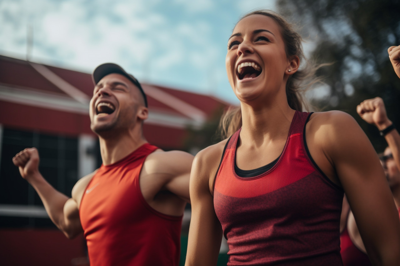 A photo of male and female athletes cheering together on a sports court, taken from a low angle, indoor sports and leisure activities images