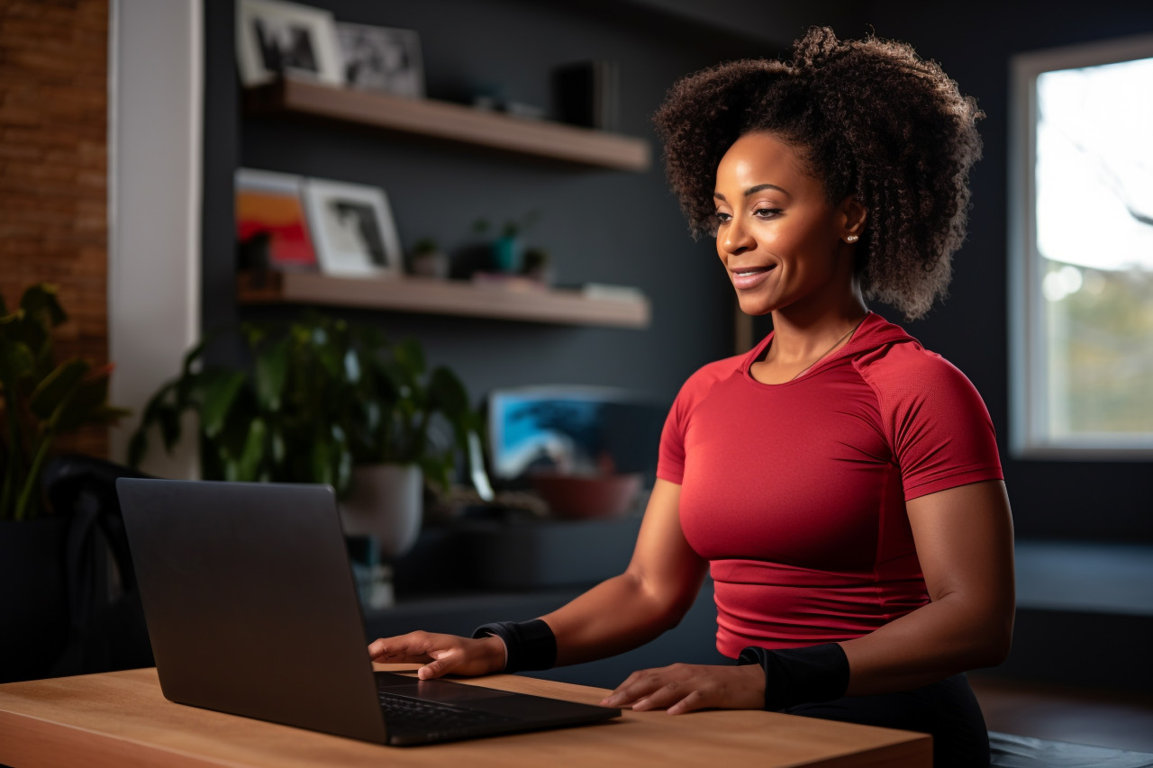 A picture of a black woman exercising at home while watching a fitness video on her laptop, indoor sports and leisure activities images