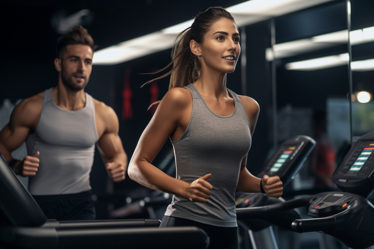 A picture of two young people exercising on a treadmill in a modern gym, indoor sports and leisure activities images