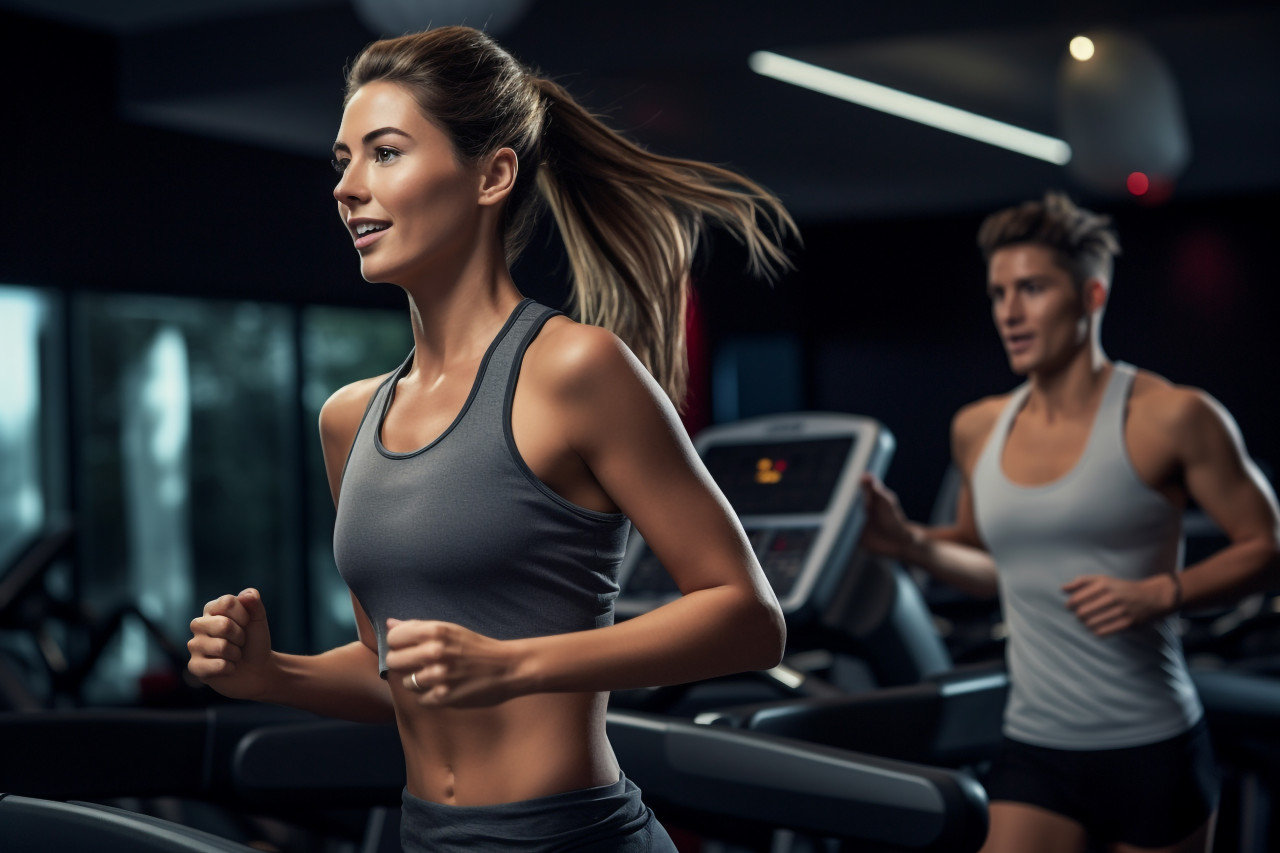 A picture of two young people exercising on a treadmill in a modern gym, indoor sports and leisure activities images