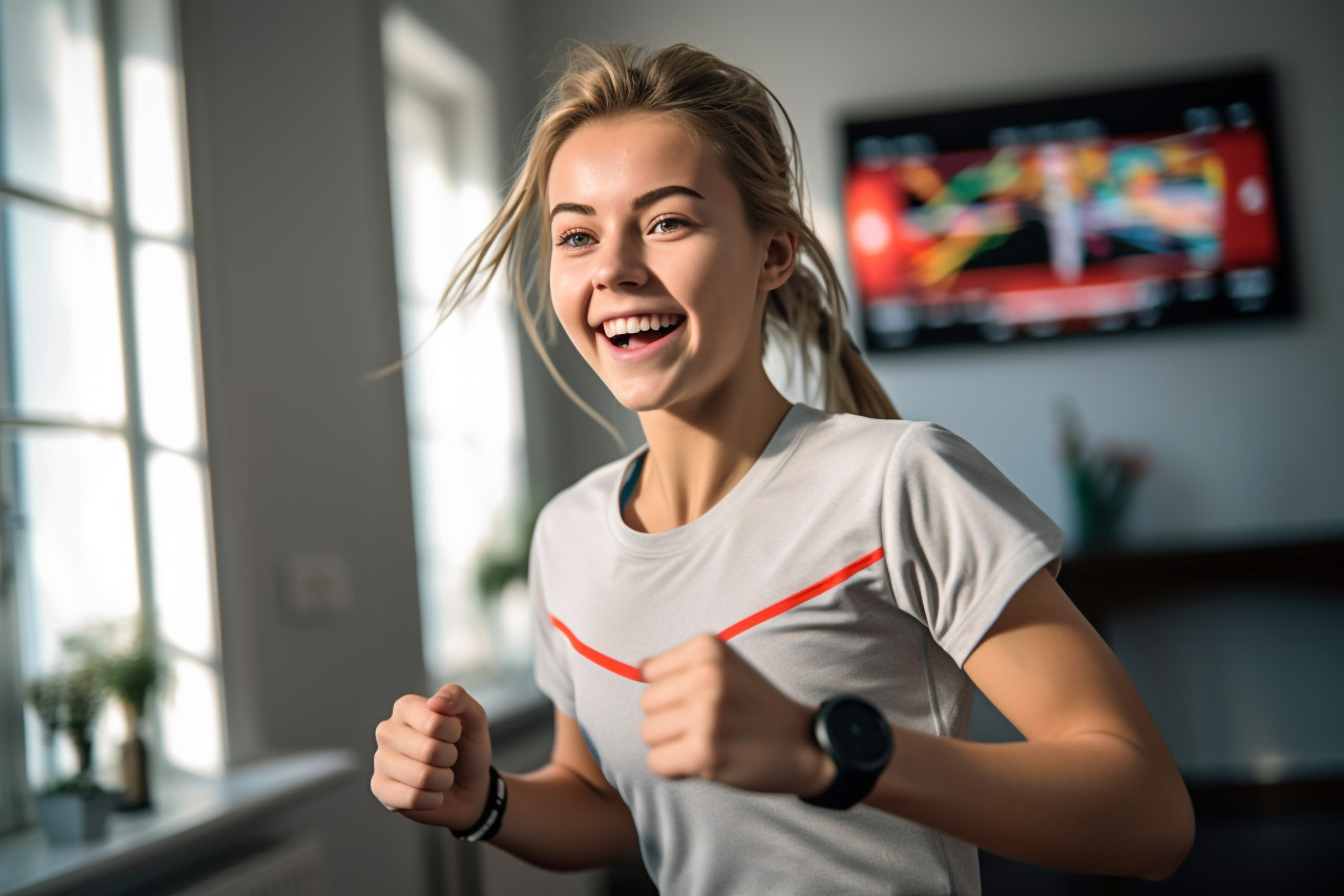 A picture of a happy teenage girl running in place at home while wearing a smartwatch, indoor sports and leisure activities images