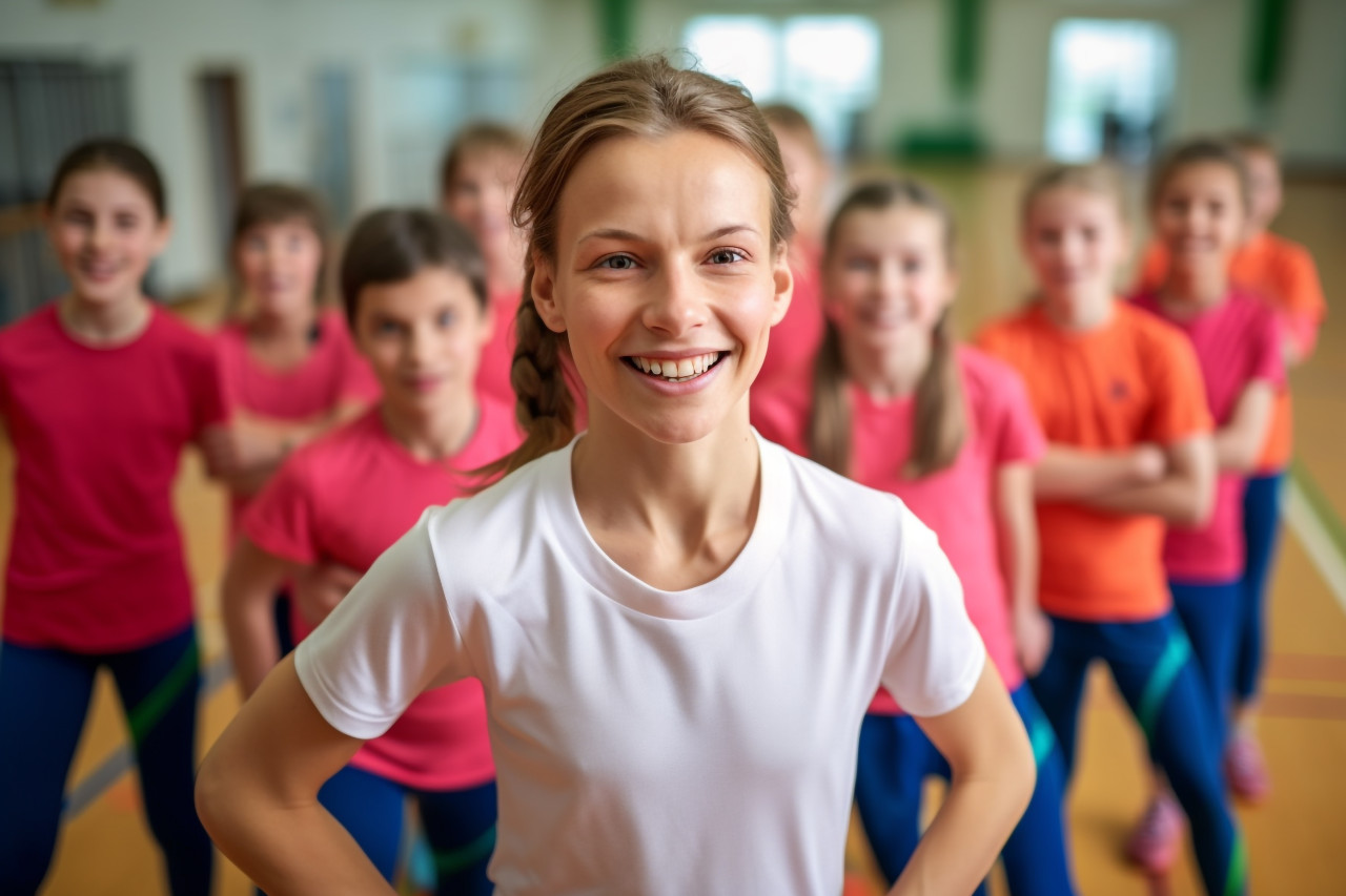 A photo of a smiling young female coach watching the camera while teaching physical education to elementary school students in the school gym, indoor sports and leisure activities images