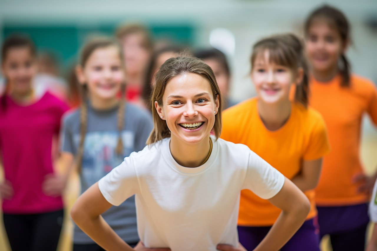 A photo of a smiling young female coach watching the camera while teaching physical education to elementary school students in the school gym, indoor sports and leisure activities images