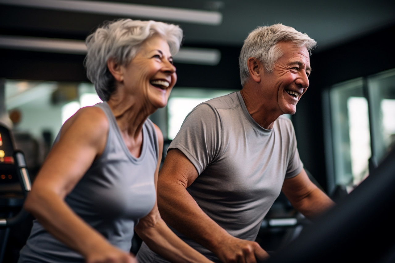 A photo of an older couple working out at the gym, indoor sports and leisure activities images