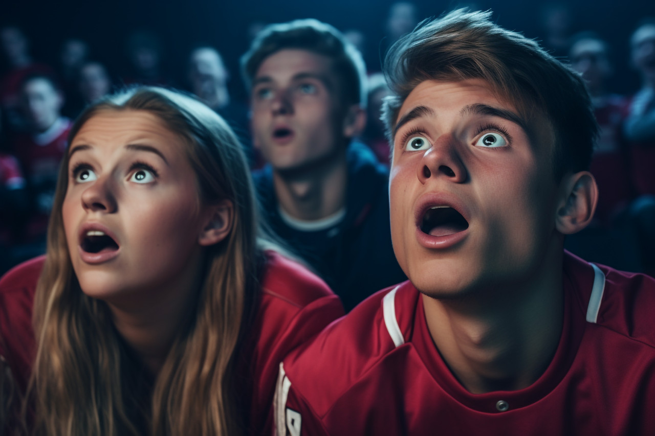 A photo of surprised young people, who are friends, watching a football match or sports show, indoor sports and leisure activities images
