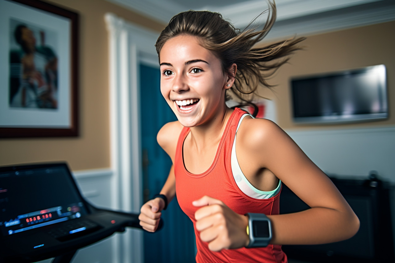 A picture of a happy teenage girl running in place at home while wearing a smartwatch, indoor sports and leisure activities images
