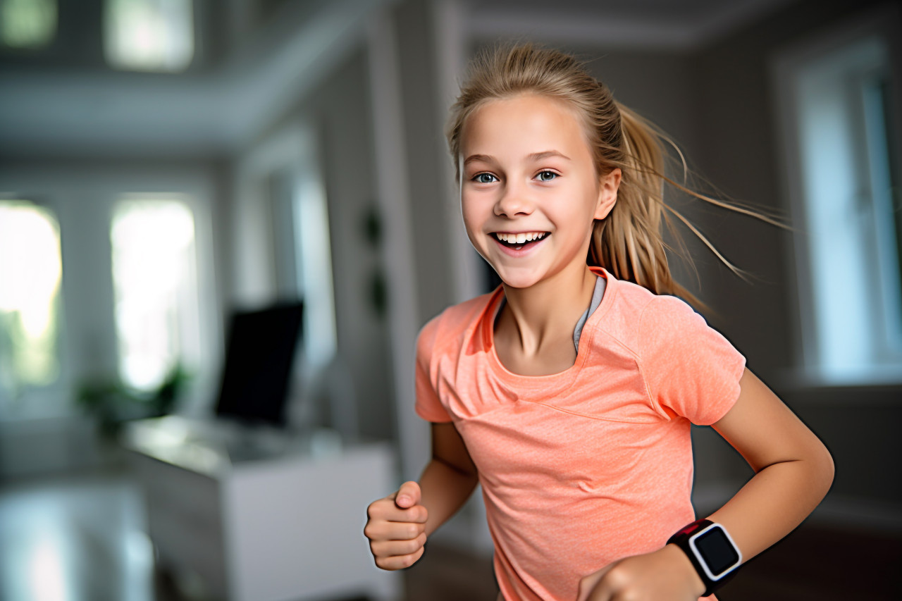 A picture of a happy teenage girl running in place at home while wearing a smartwatch, indoor sports and leisure activities images
