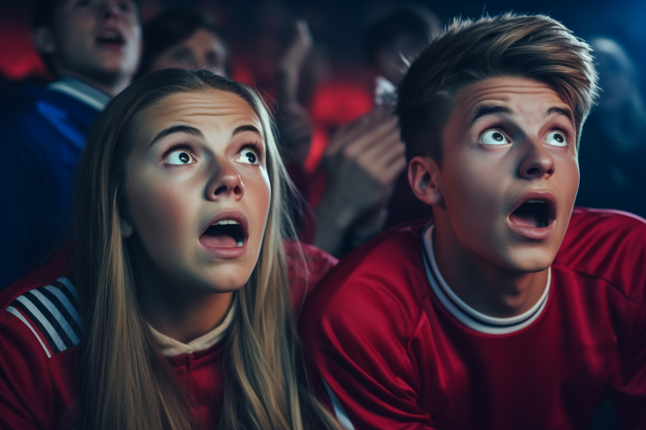 A photo of surprised young people, who are friends, watching a football match or sports show, indoor sports and leisure activities images