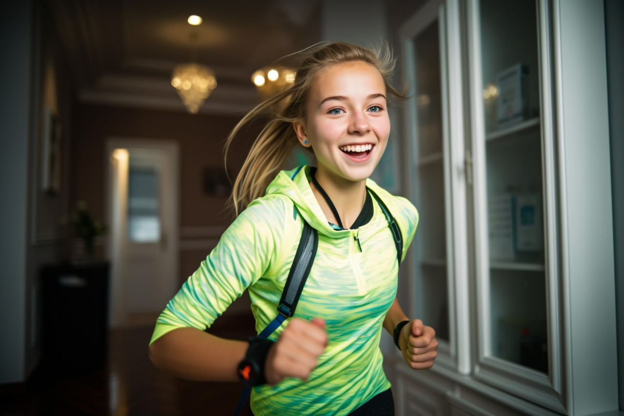 A picture of a happy teenage girl running in place at home while wearing a smartwatch, indoor sports and leisure activities images