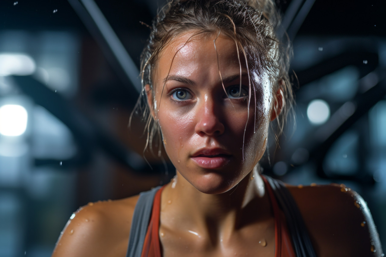 A close up photo of a female athletes sweaty face during a workout at the gym, indoor sports and leisure activities images