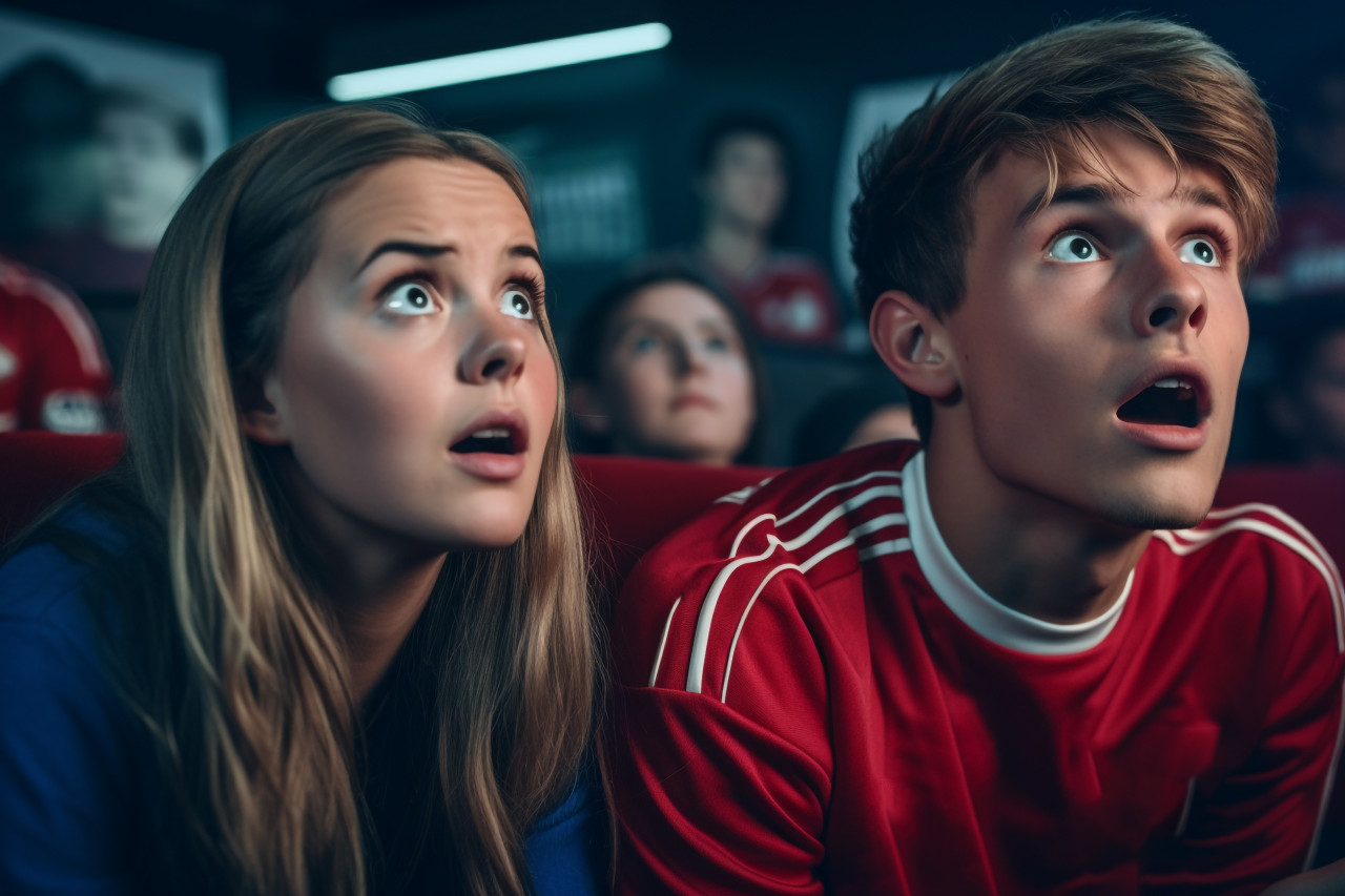 A photo of surprised young people, who are friends, watching a football match or sports show, indoor sports and leisure activities images