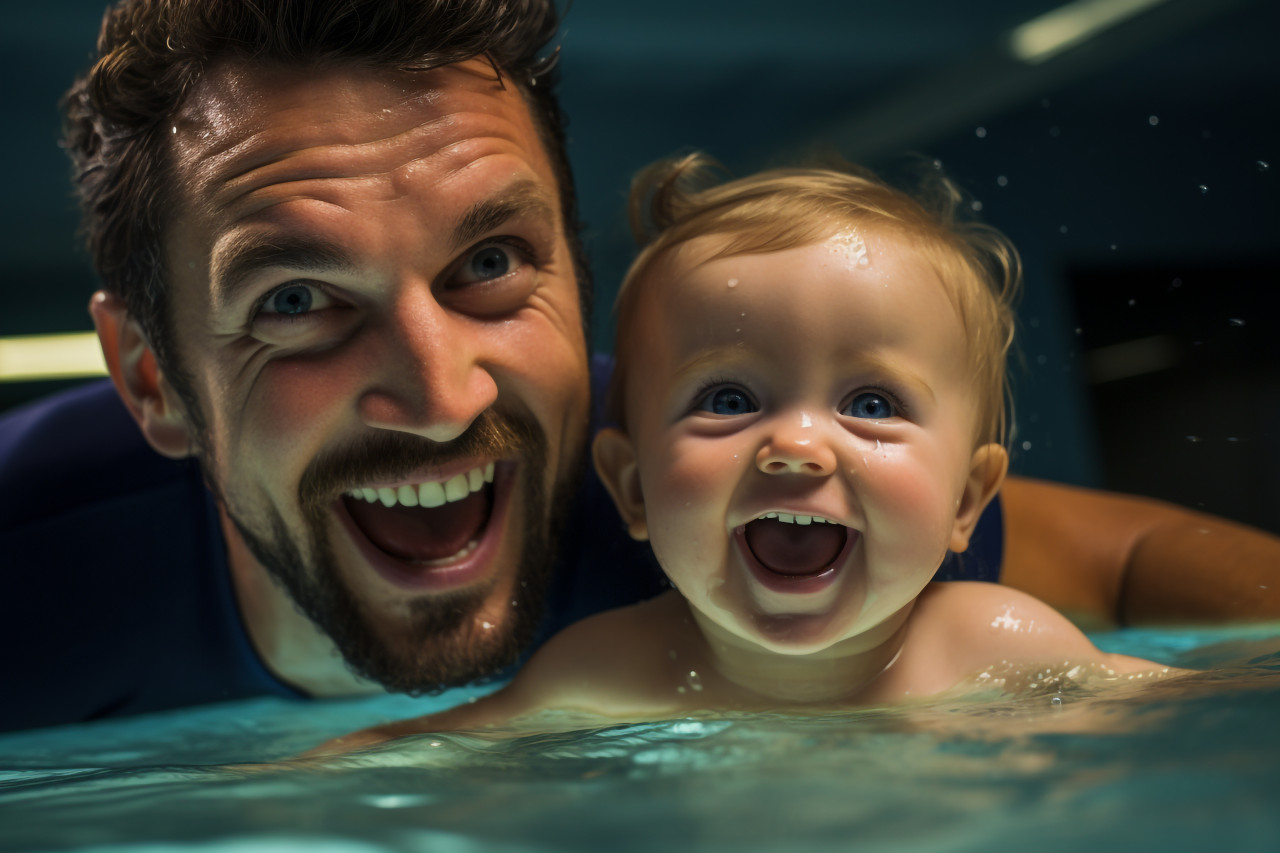 A picture of a swimming teacher and a baby having fun in the pool, indoor sports and leisure activities images