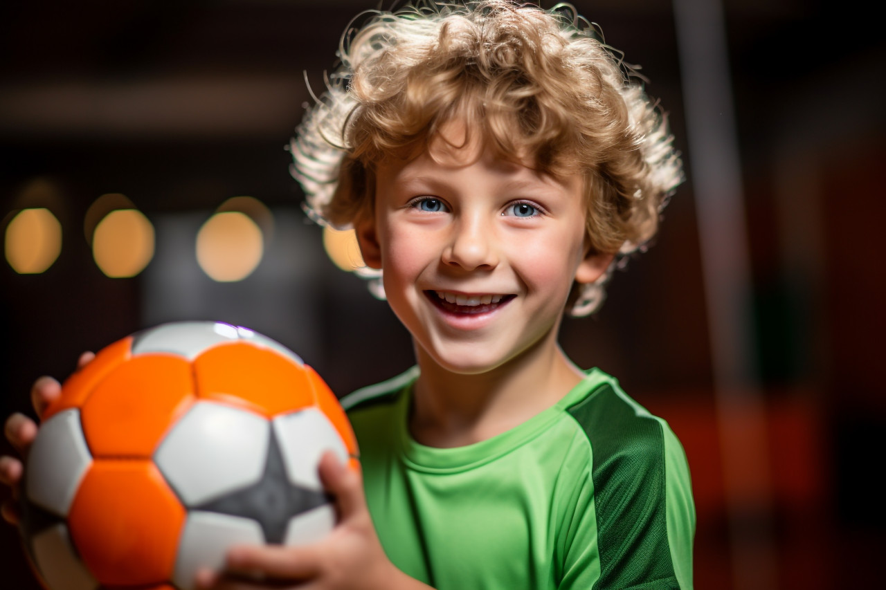 Picture of a young boy with a soccer ball inside, indoor sports and leisure activities images