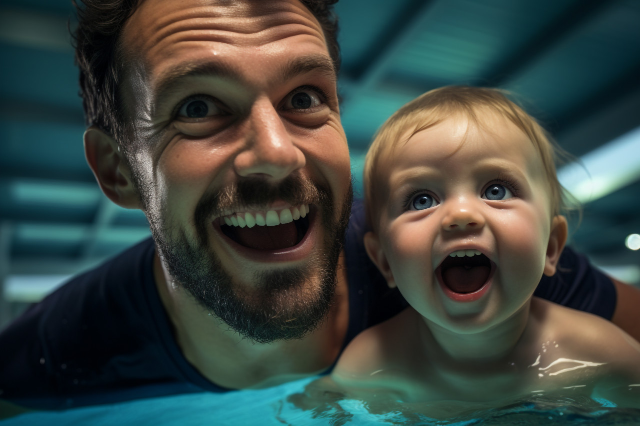 A picture of a swimming teacher and a baby having fun in the pool, indoor sports and leisure activities images