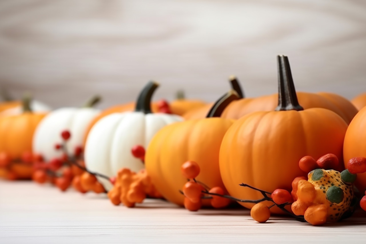 A picture of orange and white pumpkins and berries lined up along the top edge of a light gray wooden surface