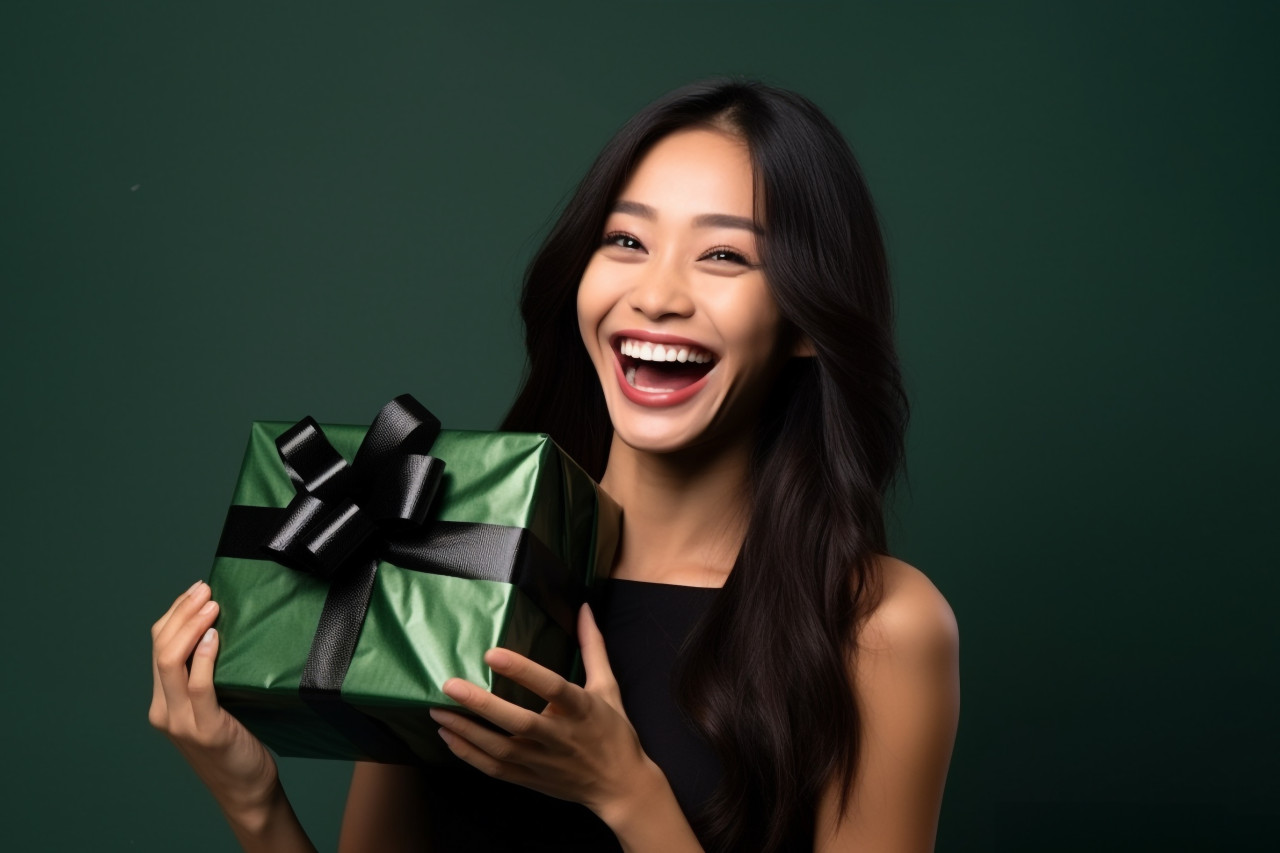 A photo of a happy and beautiful young asian woman smiling with a black gift box on a green background