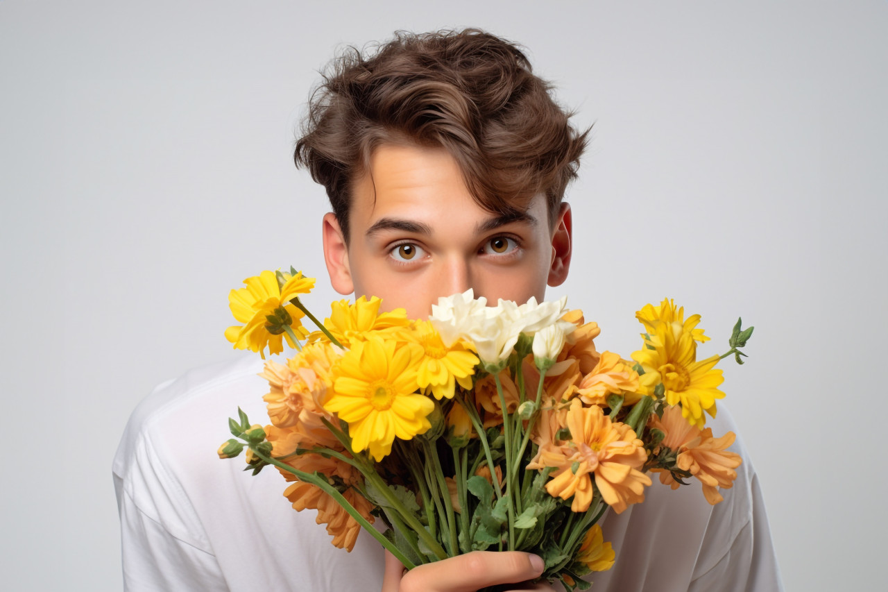 A photo of a cute young man giving flowers on a white background