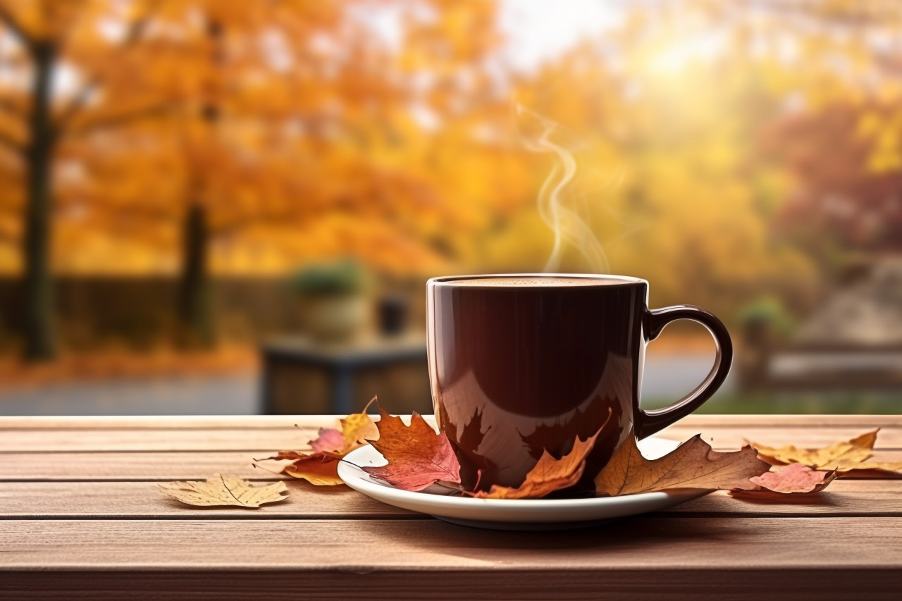 Picture of a coffee mug on a wooden table with autumn leaves in the background