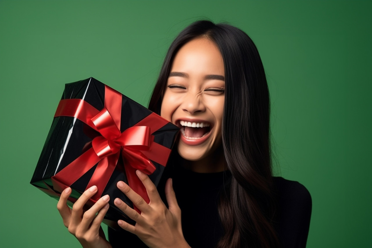 A photo of a happy and beautiful young asian woman smiling with a black gift box on a green background